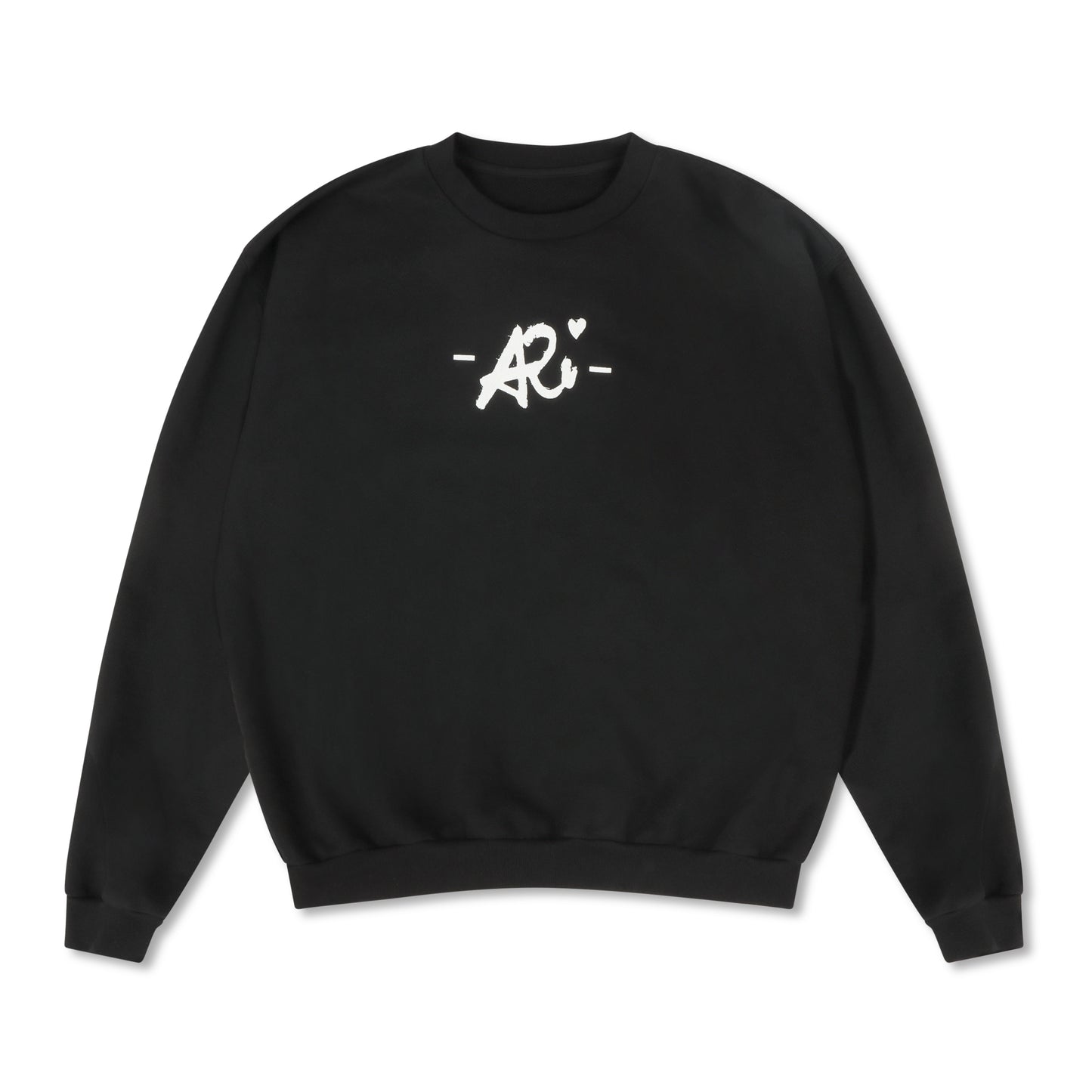 Black sweatshirt with white 'ARi' logo and heart design