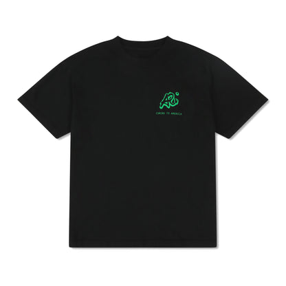 Black T-shirt with green 'Coming to America' logo