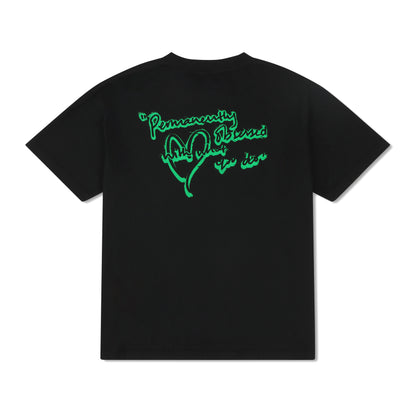 Back of black T-shirt with green 'Permanently Obsessed' graphic design